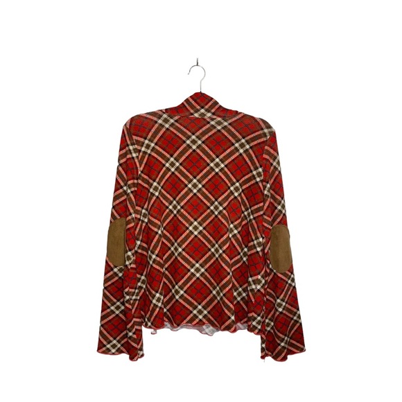 Umgee Rust Red Plaid Elbow Patch Bell Sleeve Turtleneck Top Medium Women’s - Picture 5 of 11